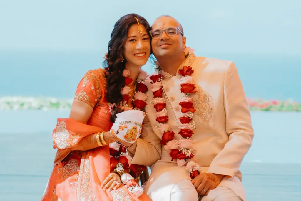 The couple in their varmala garlands after the ceremony